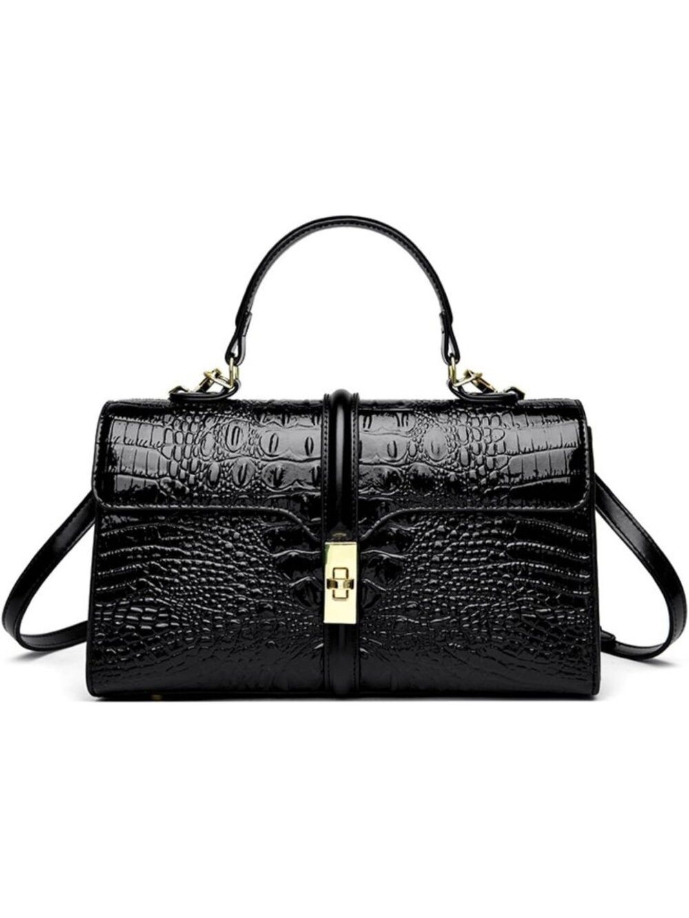 Women's Black Patent Faux Leather Satchel Crocodile Zipper Shoulder Bag